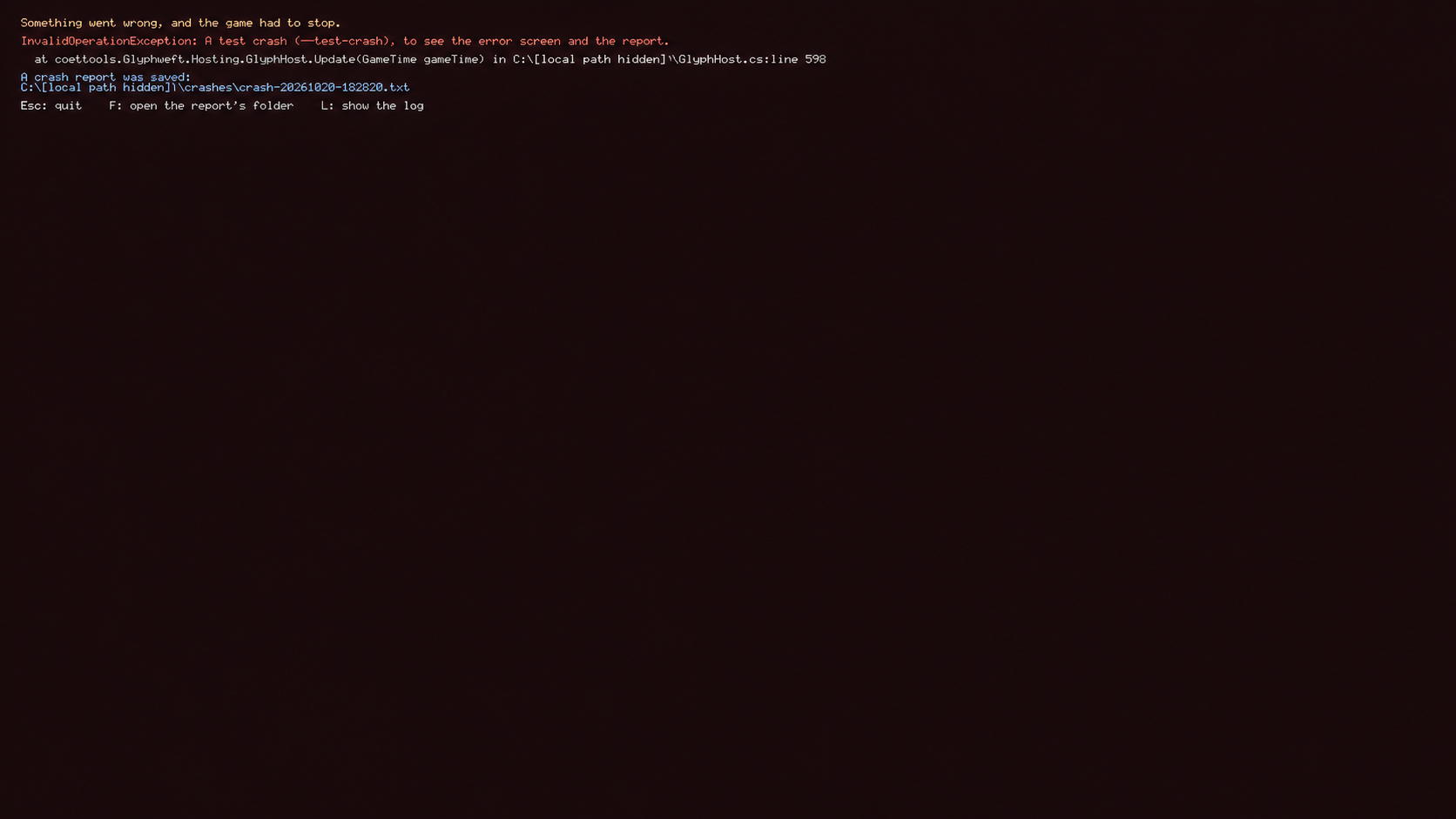 The error screen after a test crash (--test-crash), with the crash report location