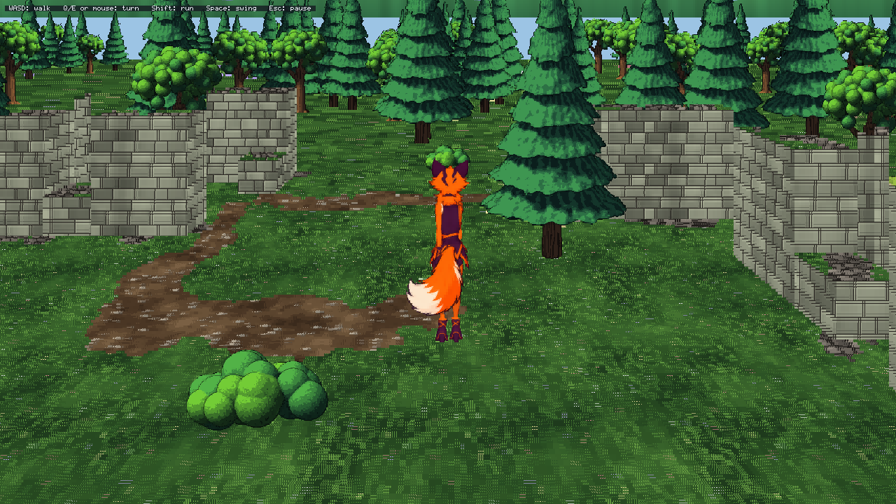 The FoxExplorer starter: Runefox on the path through the ruins, the camera behind her
