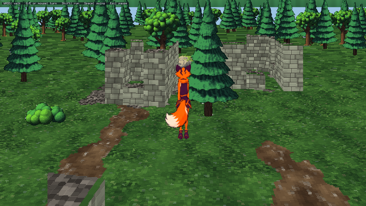 The FoxExplorer starter: turned to face the broken walls, the woods behind them