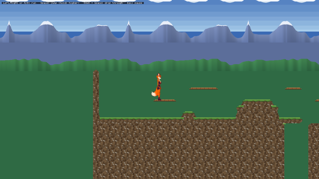 The FoxPlatformer starter: Runefox on a plank platform, hills and mountains behind