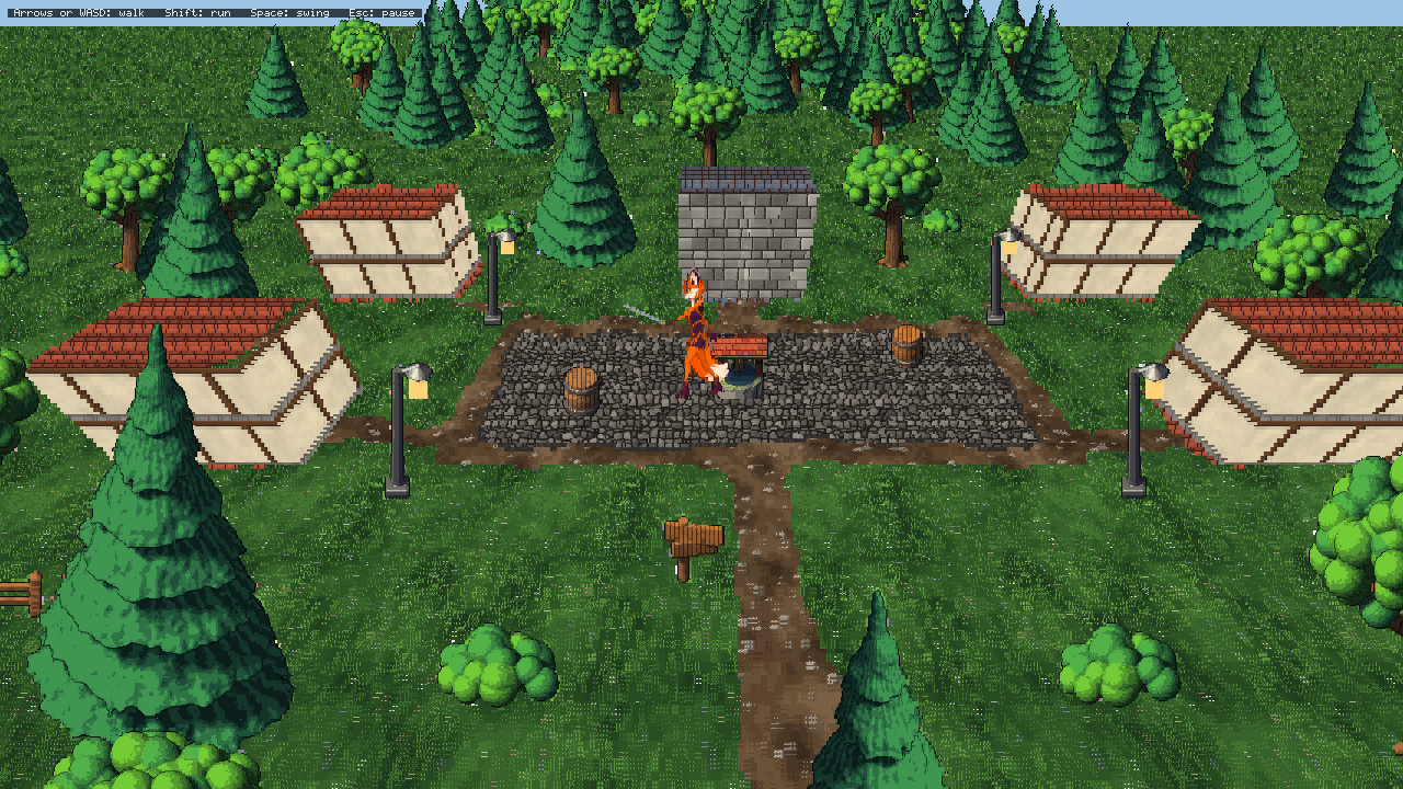 The FoxVillage starter: Runefox swinging her sword by the well, the houses standing up round the square