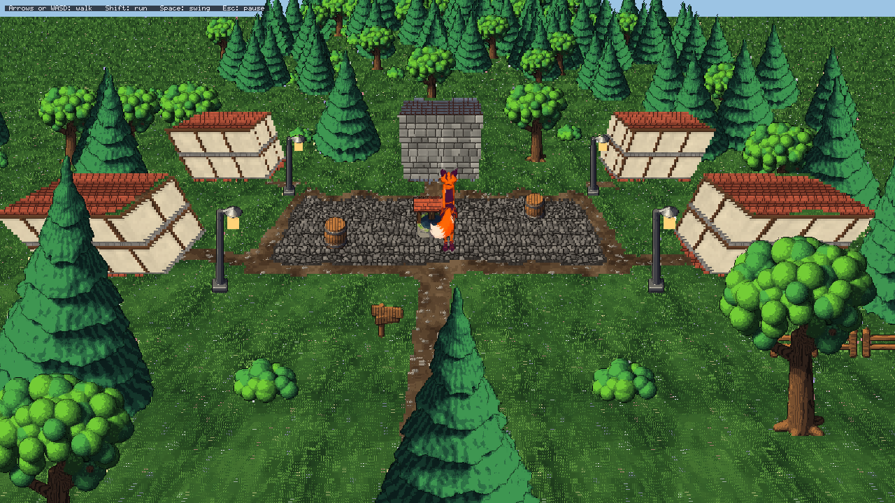 The FoxVillage starter's village: two-storey houses round the square, the woods growing smaller into the distance