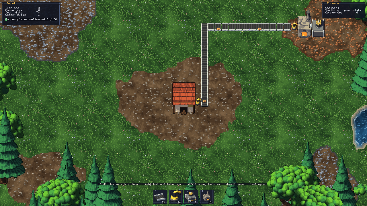 The GlyphFactory starter: a drill on the copper field, a furnace, and belts to the depot