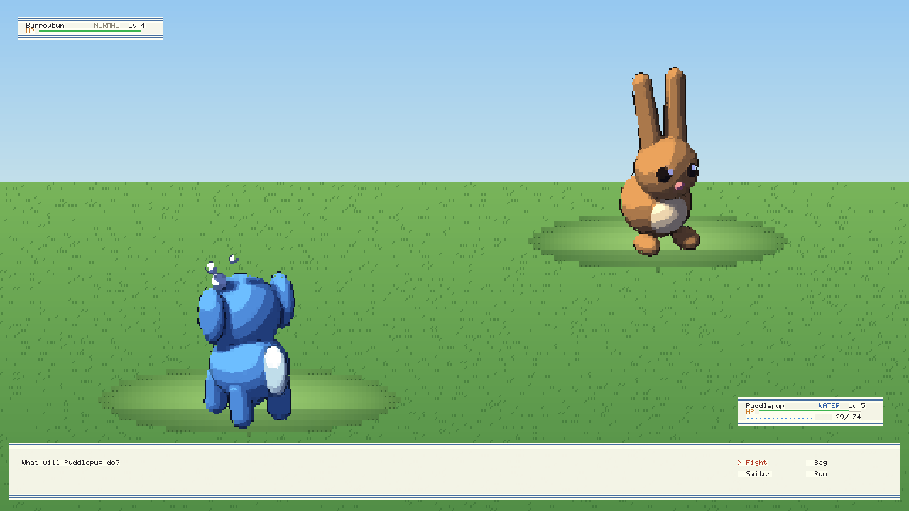 The GlyphMonsters starter: a battle with a wild Burrowbun