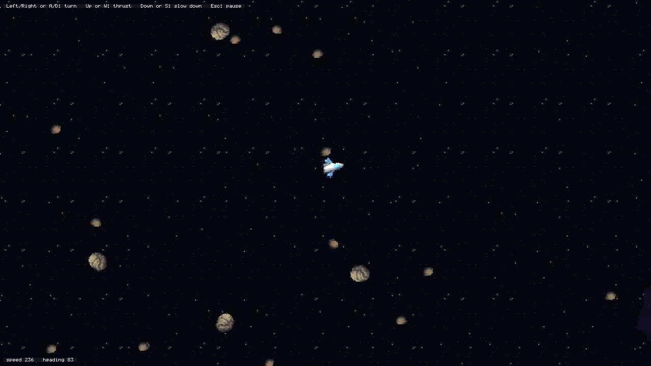 The GlyphShip starter: the ship turning among tumbling rocks over the star field