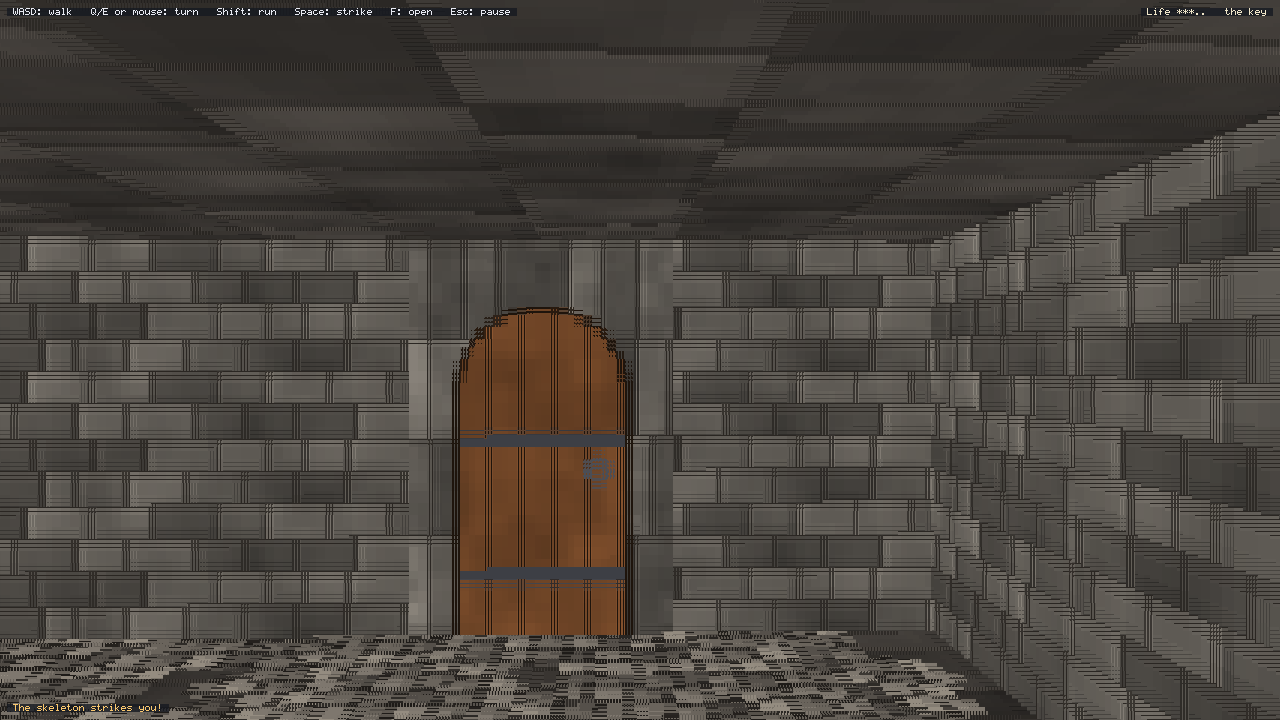 The RuneDungeon starter: the key in hand, turned to the locked door in its stone arch