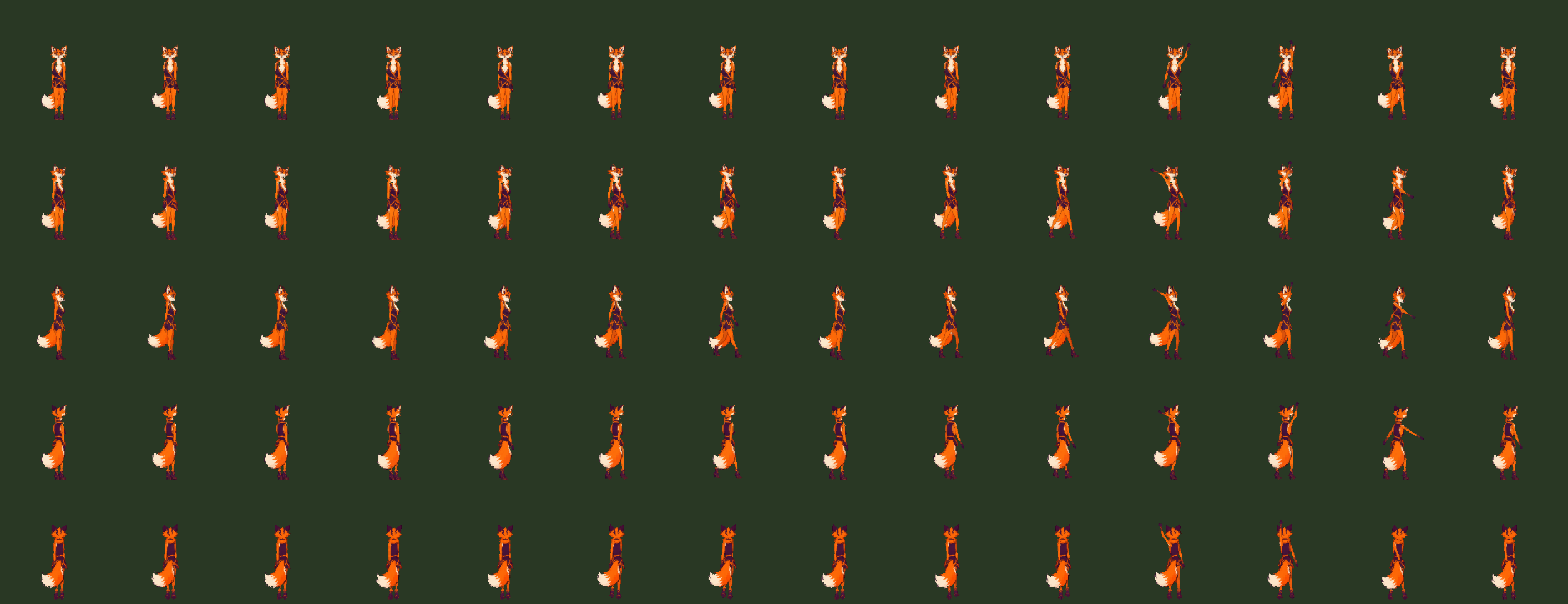Runefox: idle, walk and attack in five directions, cut out from her character package