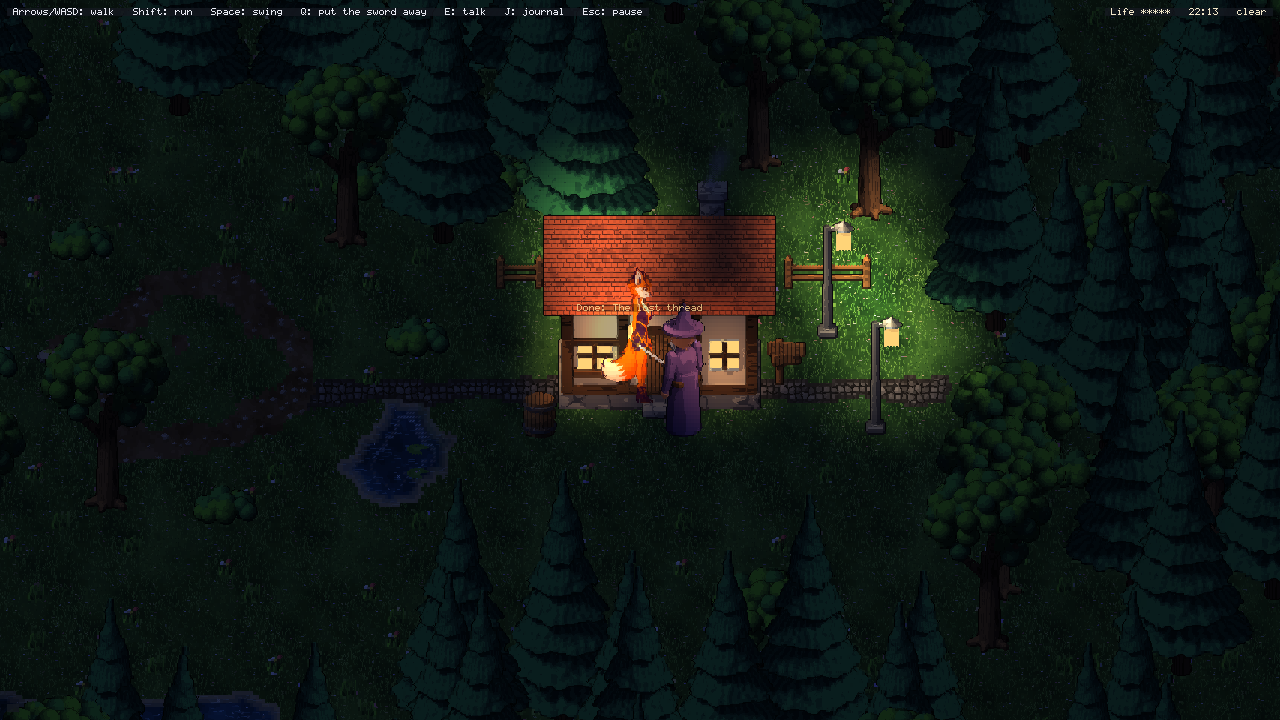 RuneGlyph at night: the lamp posts and the cottage's windows lit